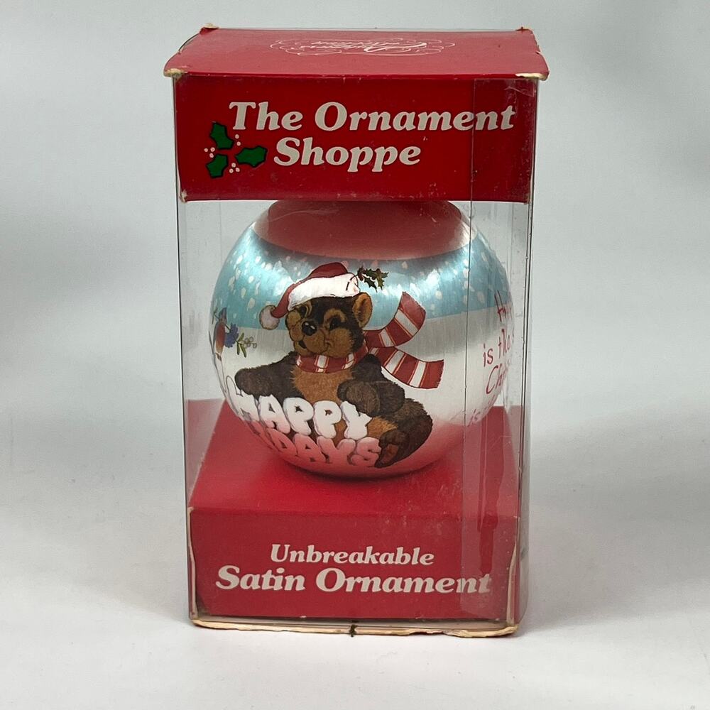 The Ornament Shoppe Satin Ornament Happy Holidays Bear Raccoon Quote Boxed 1980s
